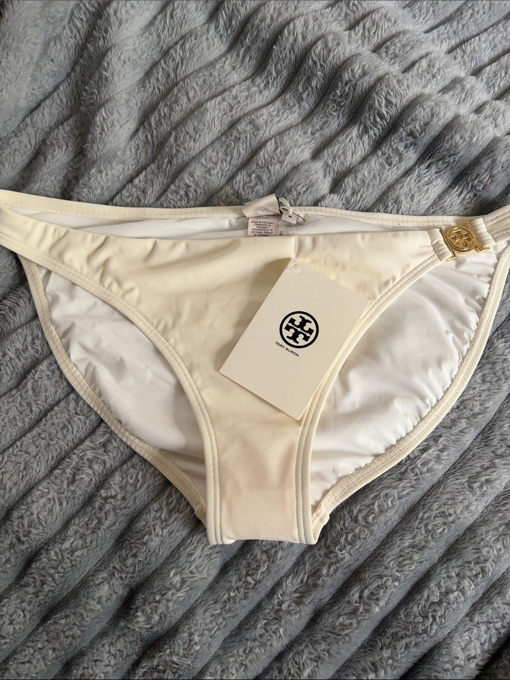 Tory Burch Cream Bikini Bottom with Gold Logo Accent